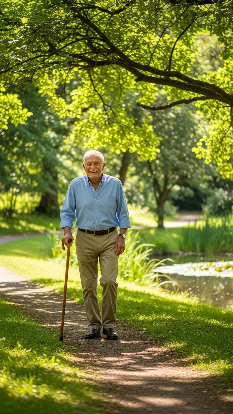 رجل مسن يمشي بسعادة بعد العلاج
